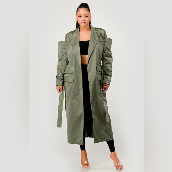 Olive Green Women's Trench Coat/with belt - Picture 7 of 8